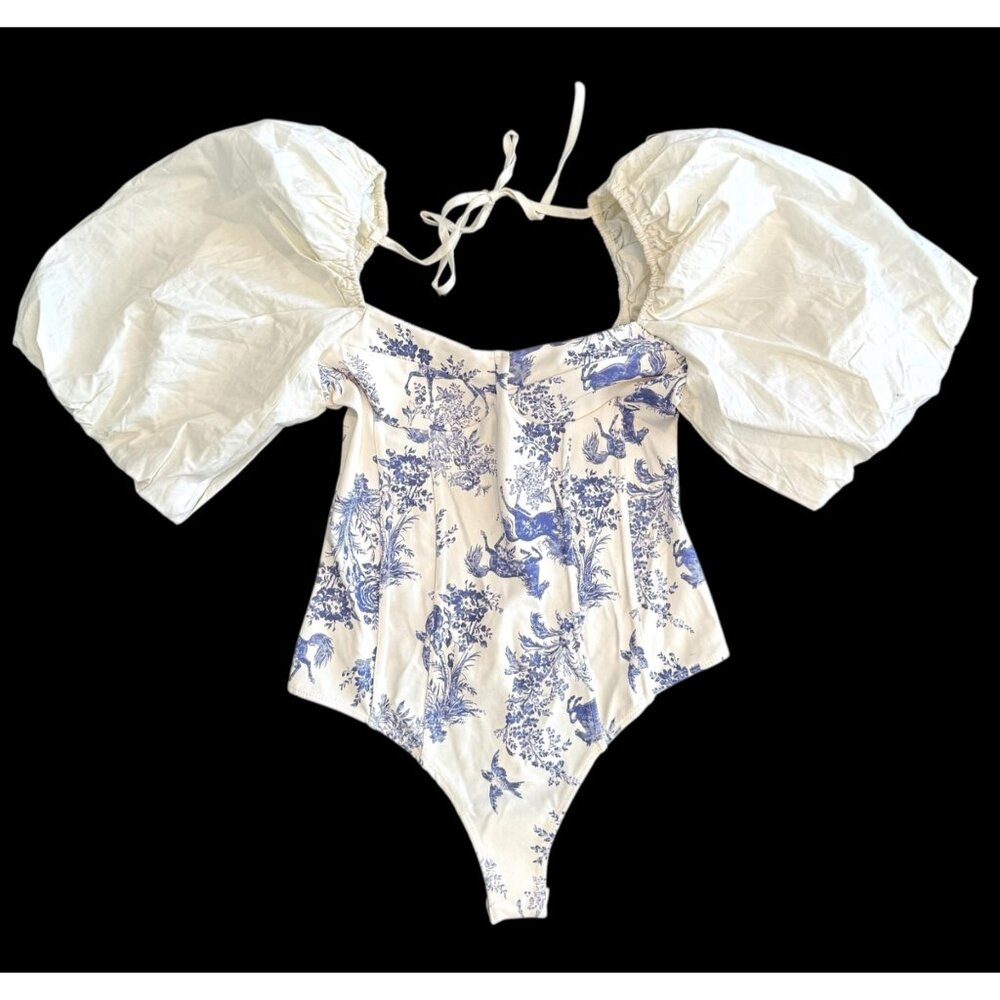 Intimately Free People Prairie Rose Bodysuit blue cream floral puff sleeve sz XS